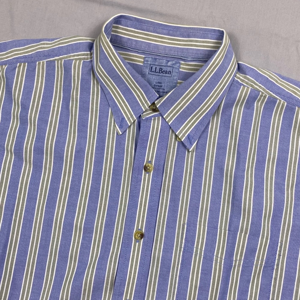 L.L. Bean Oxford Shirt Short Sleeve Mens Large Blue White Green Striped Cotton